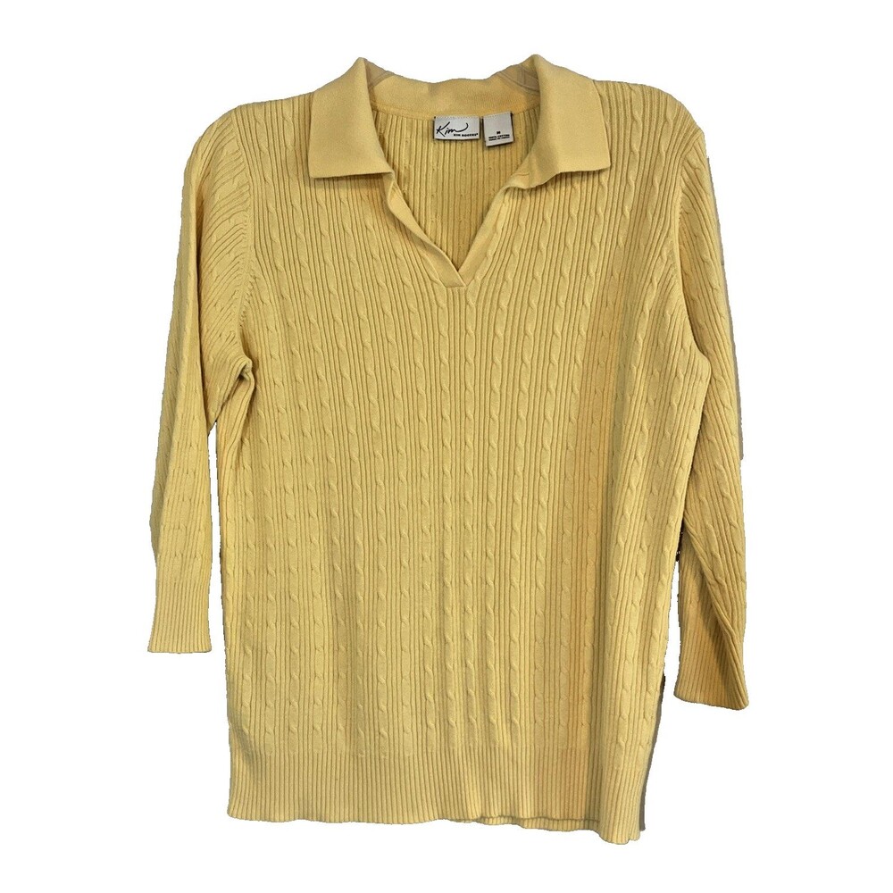Kim Rogers Sweater Womens M Light Yellow Classic Cable Knit V-Neck Collar Preppy